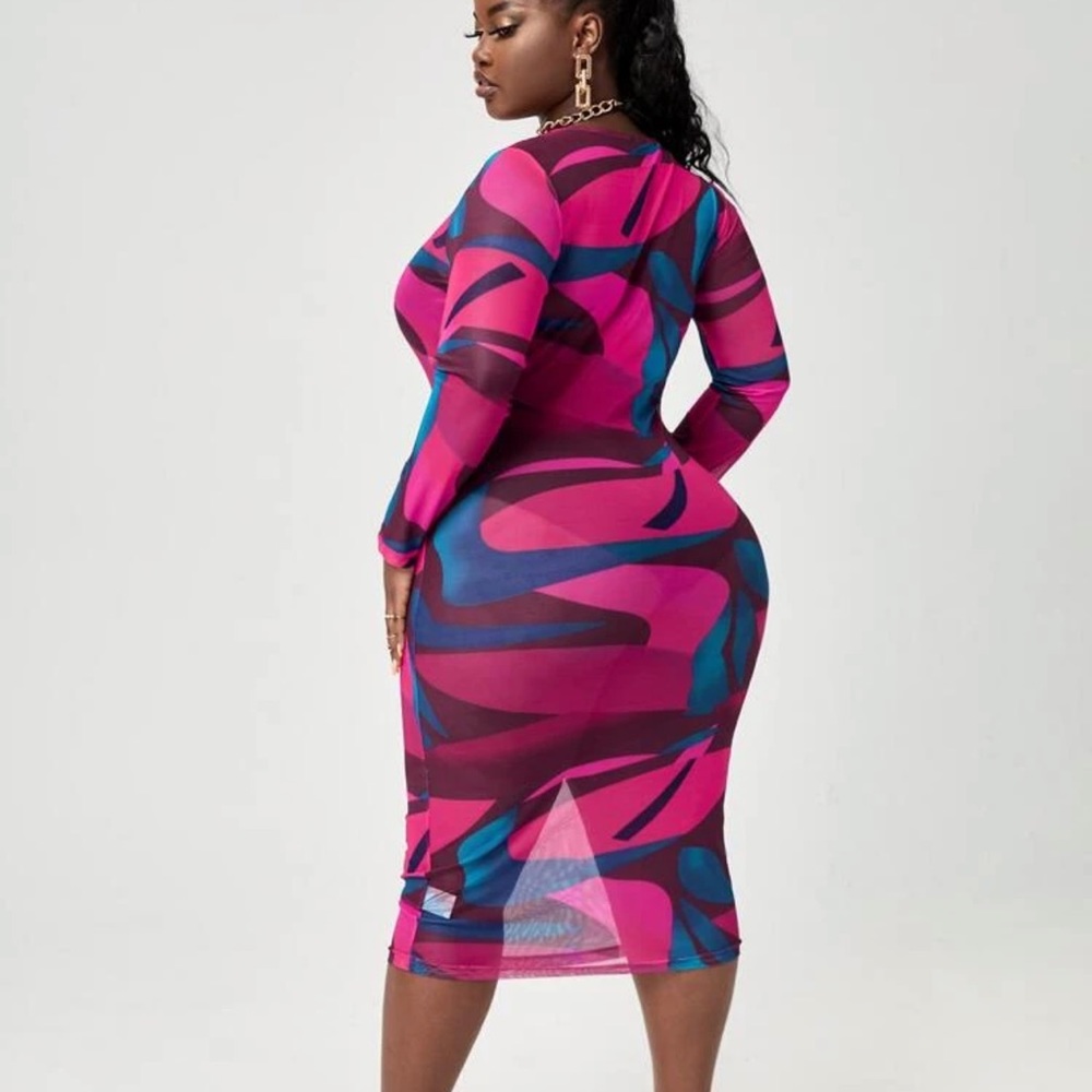 SHEIN Mesh Printed Midi Bodycon Dress